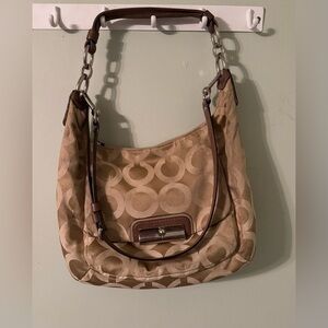 Coach Tan Signature Canvas Hobo with Brown Leather Trim